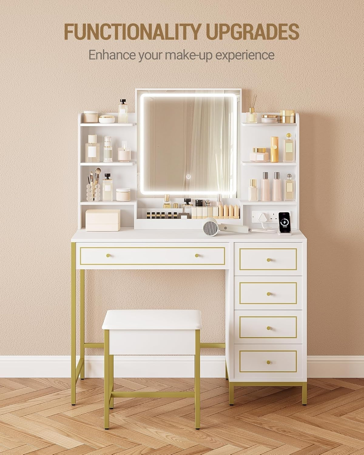Luxury Dressing Table Vanity Makeup Desk Set w/ LED Mirror, 5 Drawers, Charging