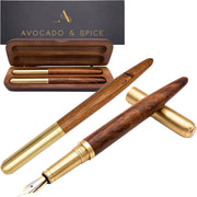Luxury Fountain & Rollerball Pen Set Brass Sandalwood Gift Box