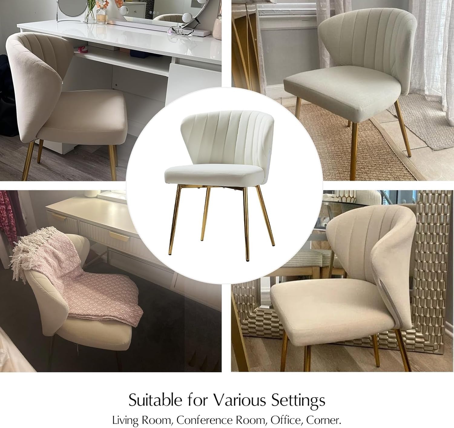 White Velvet Modern Dining & Vanity Chair – Upholstered Seat with Metal Legs