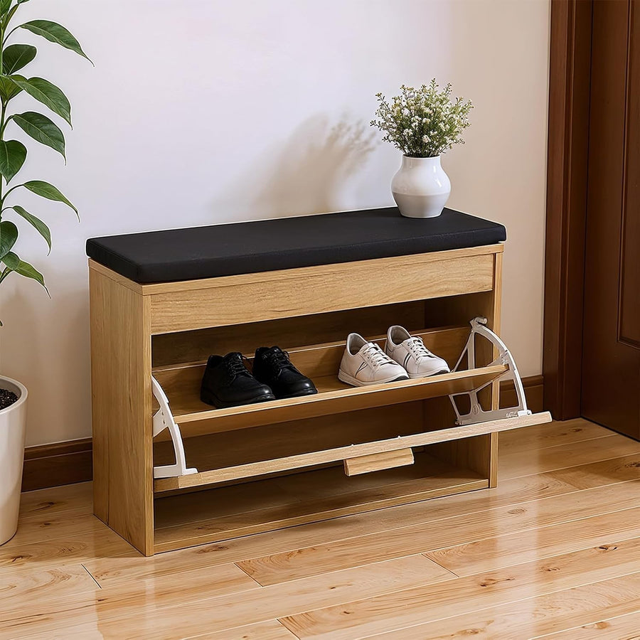Narrow Shoe Storage Bench with Flip Drawer & Cushioned Seat, 74x24x51 cm