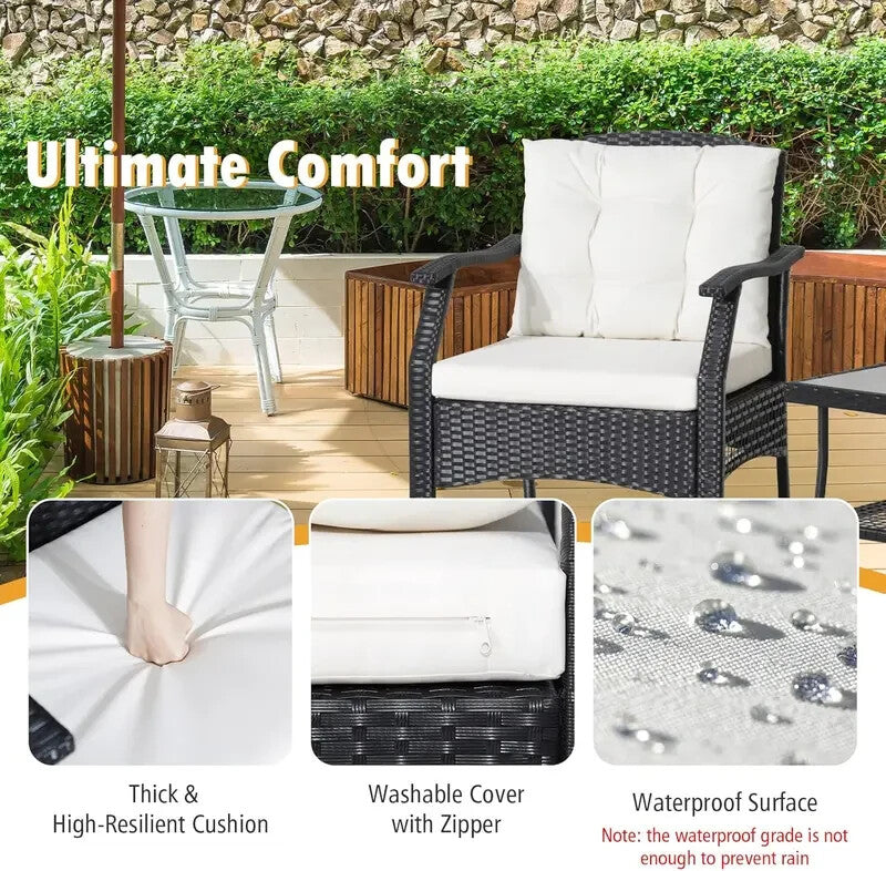 3pc Rattan Bistro Garden Furniture Set with Cushions & Glass Coffee Table