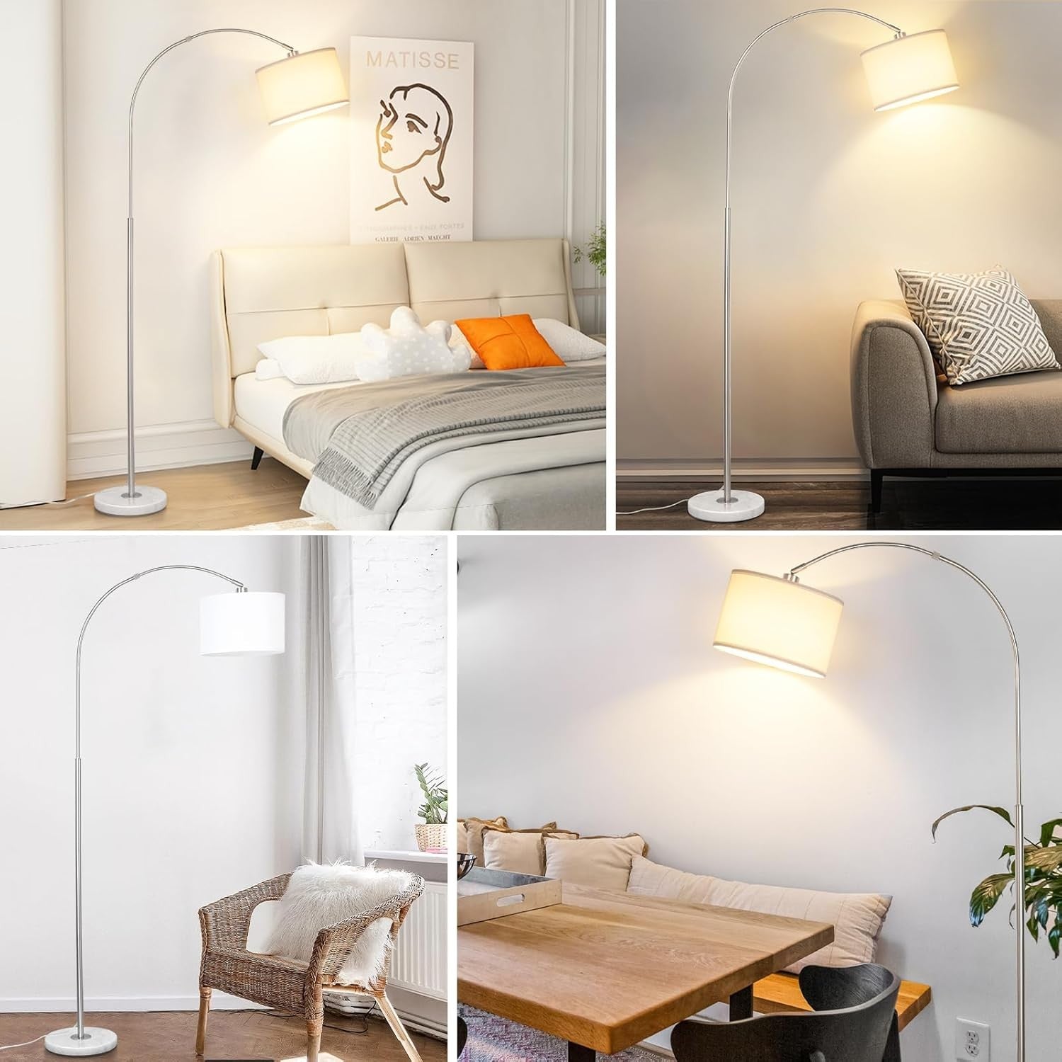 Arc Floor Lamp Silver Remote Dimmable LED Tall Living Room Bedroom Light