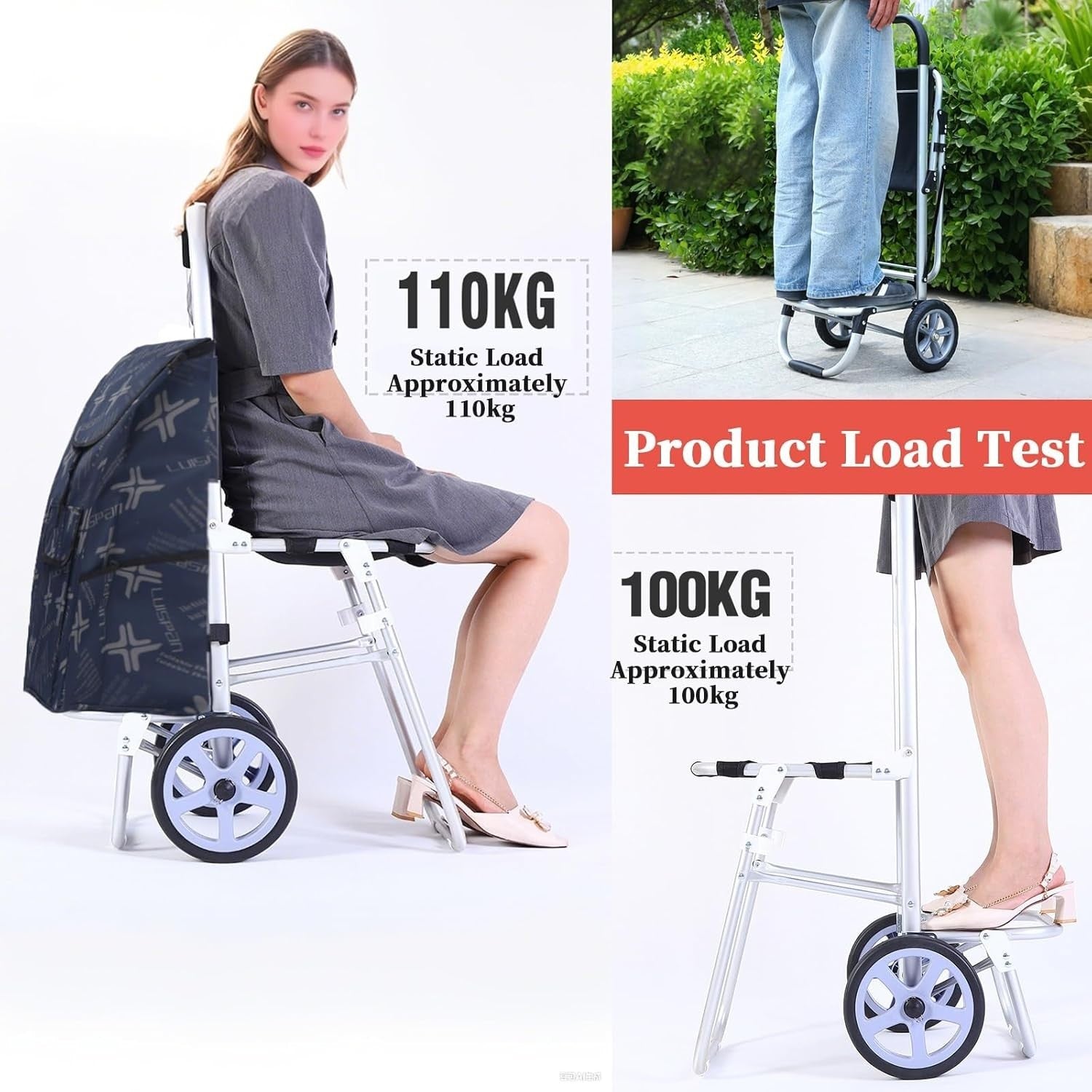 Foldable Aluminum Stair Climber Shopping Cart w/ Seat 100kg Capacity Blue