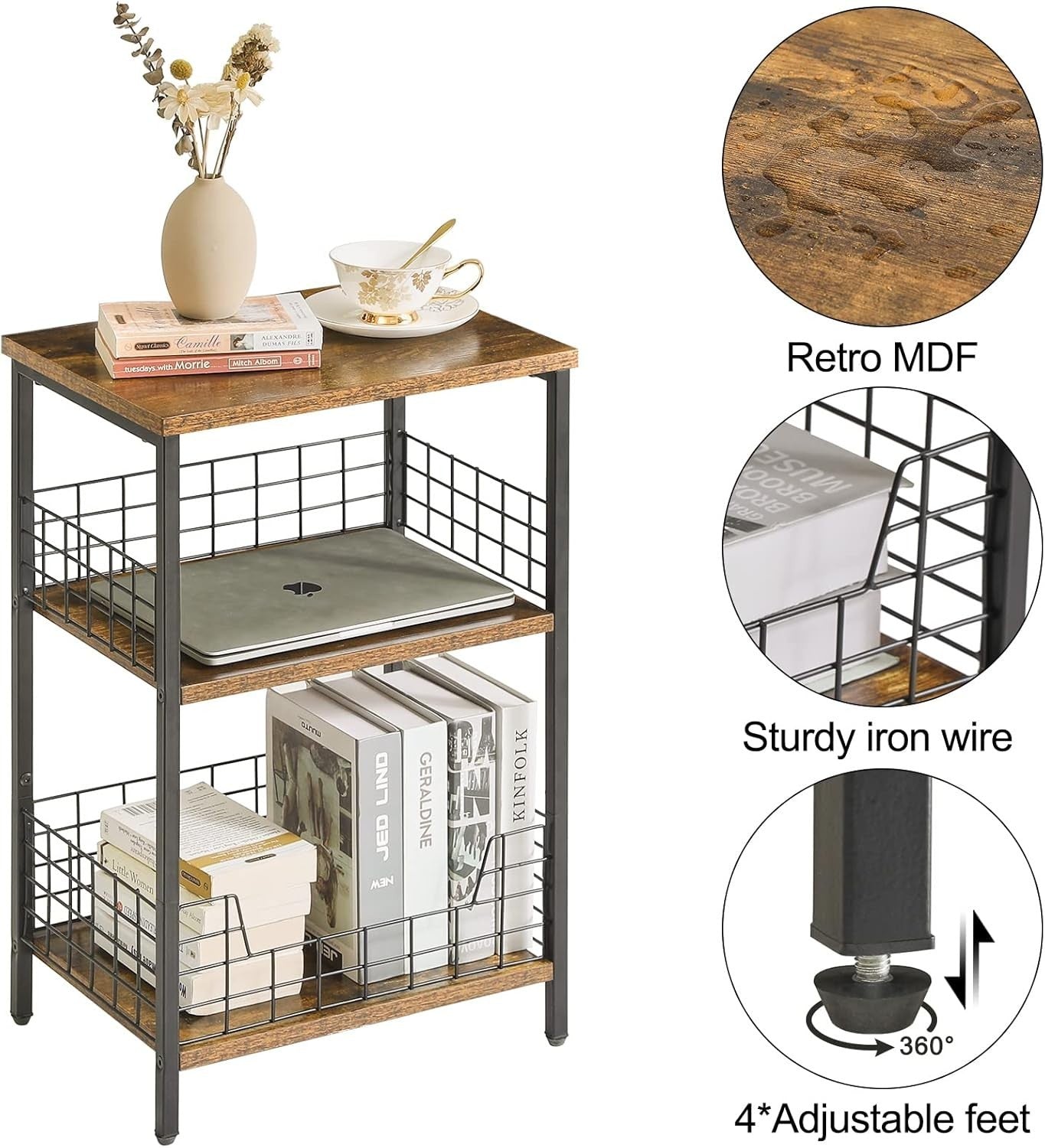 3-Tier Industrial Side Table with Storage Rack | Compact Rustic Brown 40x29x62cm