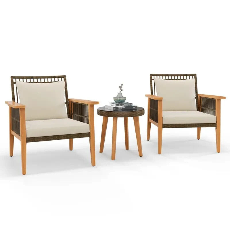 3pc Acacia Patio Chair Set with Cushions & Table – Outdoor Garden Rattan