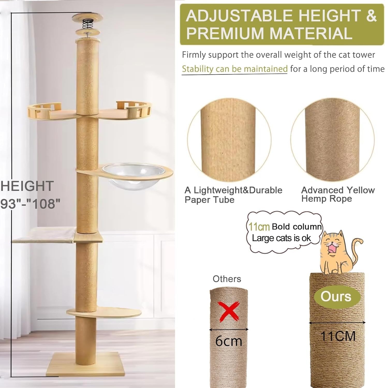 Floor to Ceiling Cat Tree Tower Adjustable Height Scratching Post Hammock