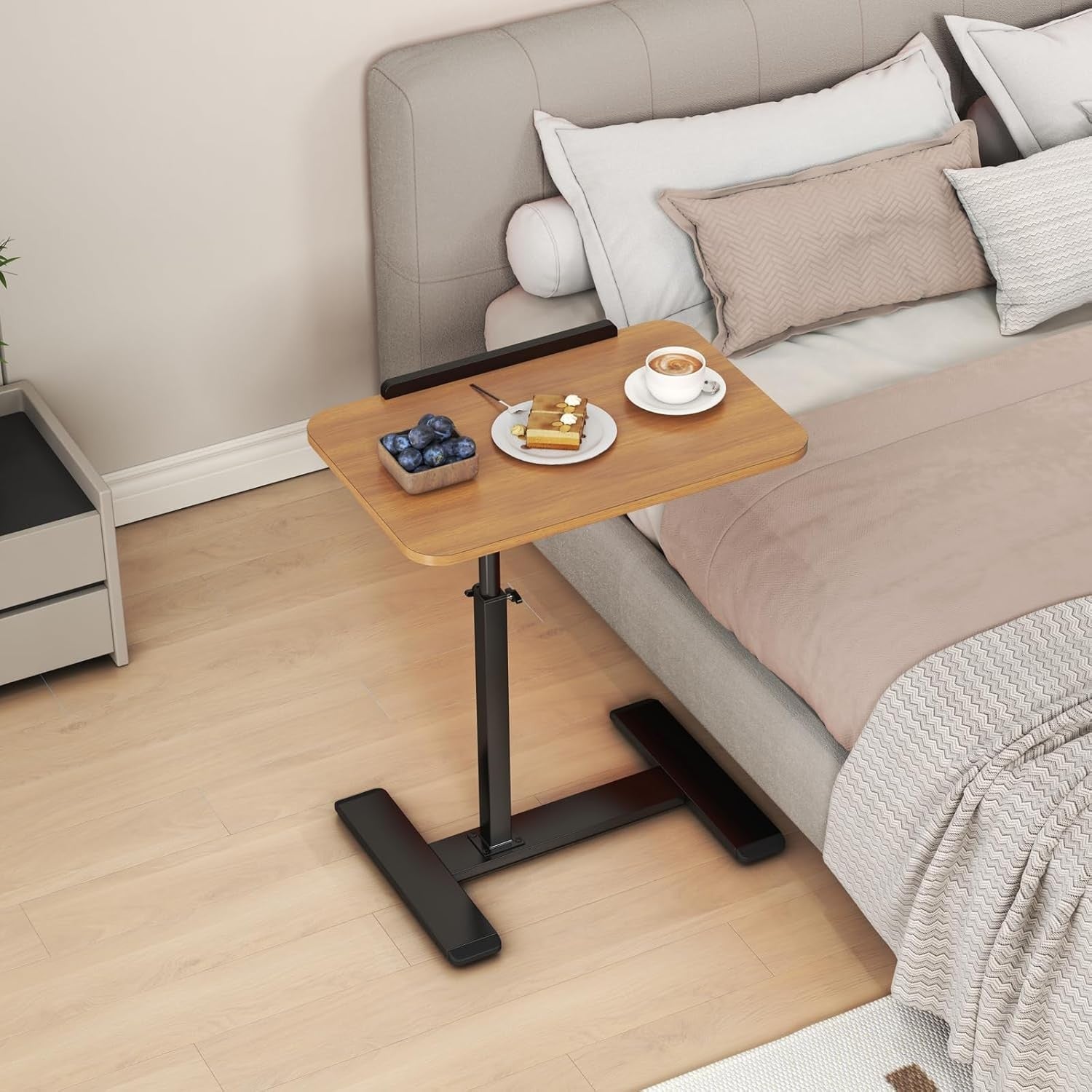 Adjustable C Shaped Side Table Laptop Desk Swivel Overbed Sofa Wheels