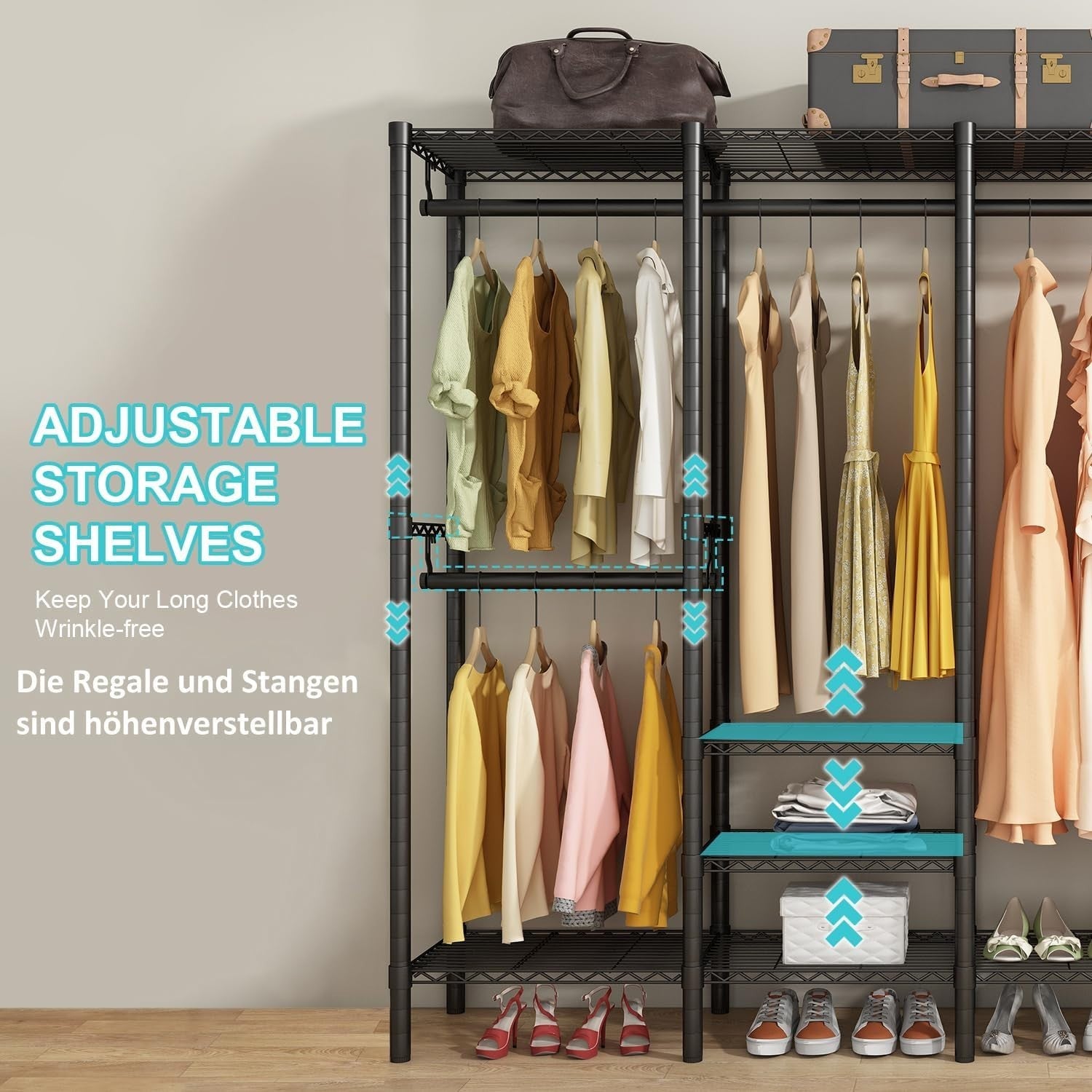 Heavy Duty Clothes Rail 4 Rod Adjustable Shelves Wardrobe Black