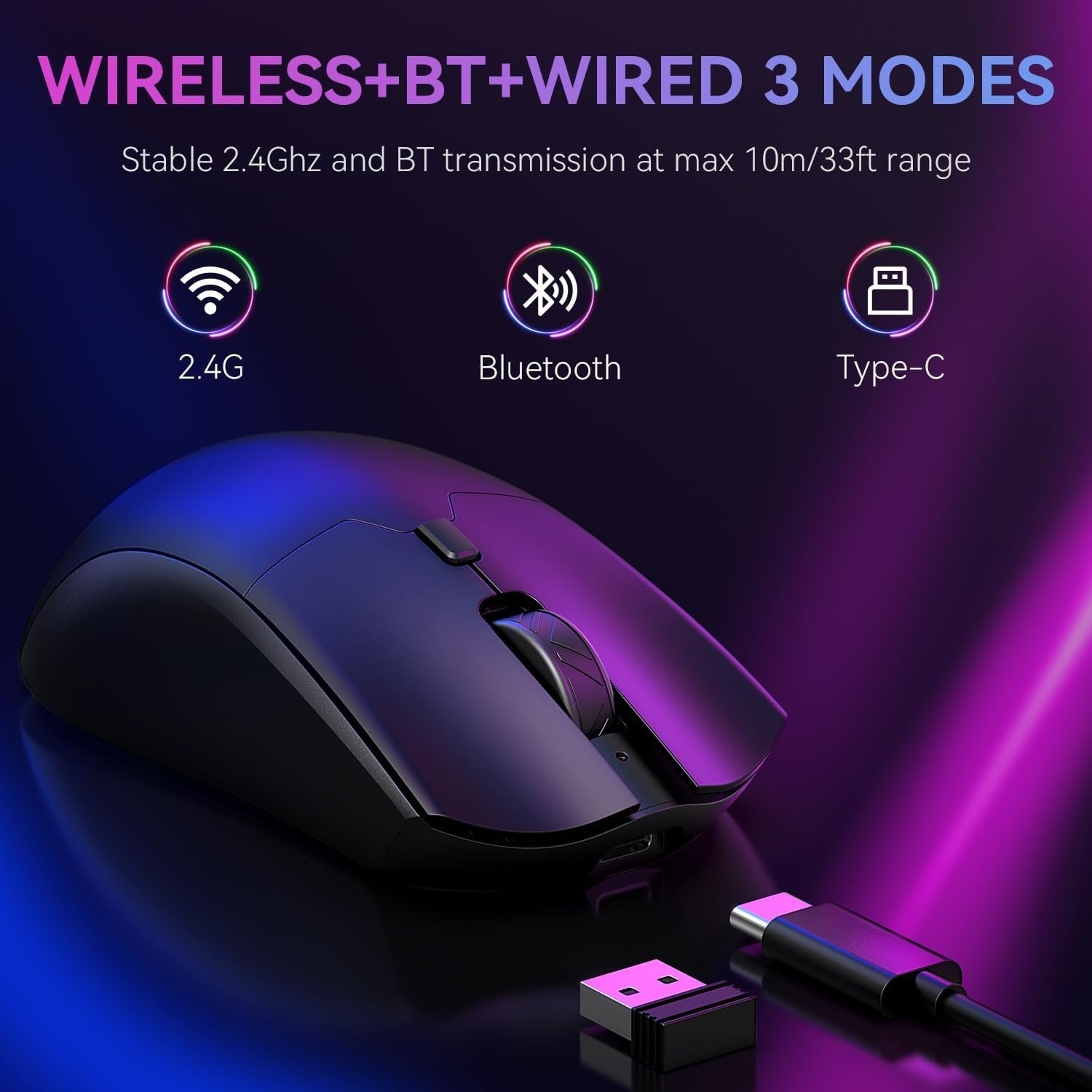 Wireless Gaming Mouse 6400 DPI RGB Rechargeable Tri-Mode PC Mac