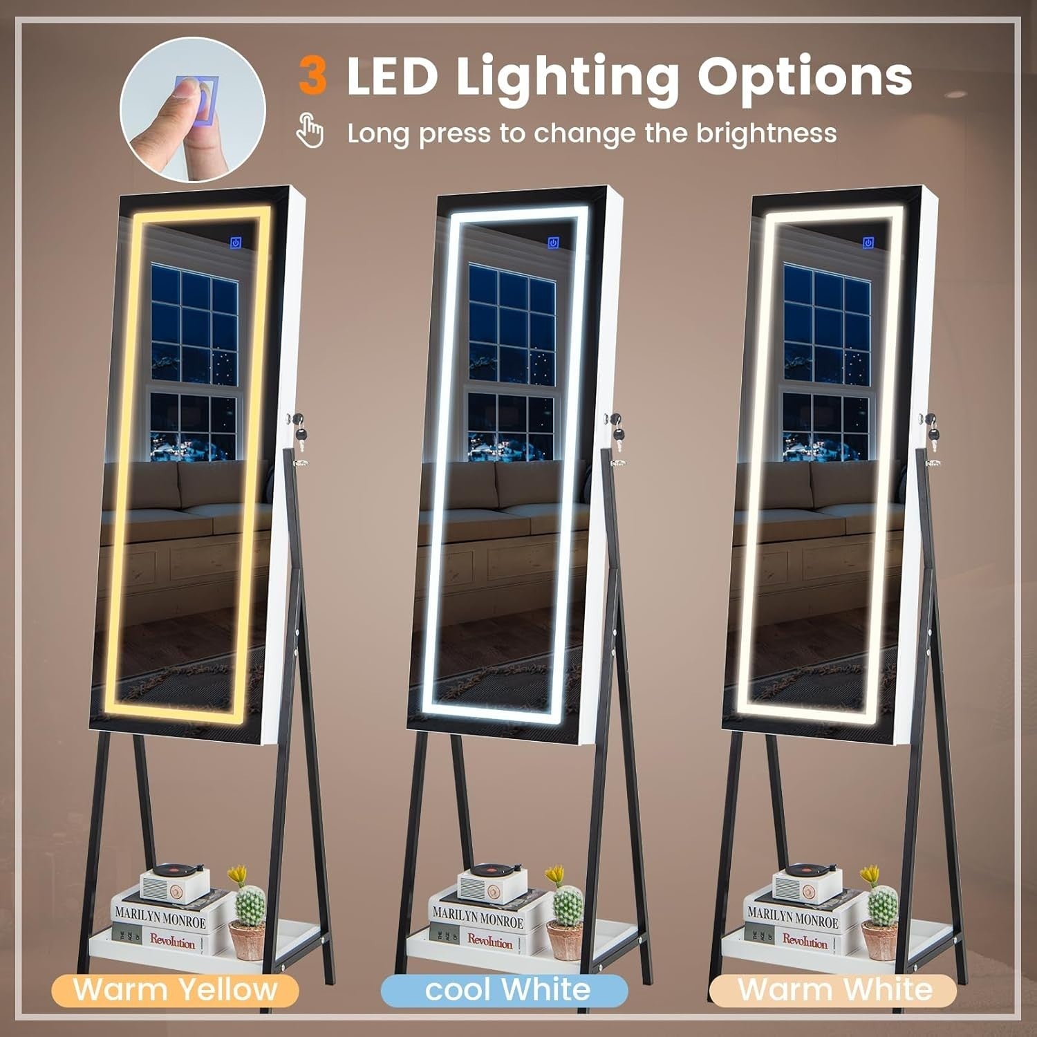 LED Jewelry Cabinet Freestanding Lockable Armoire Full Length Mirror White