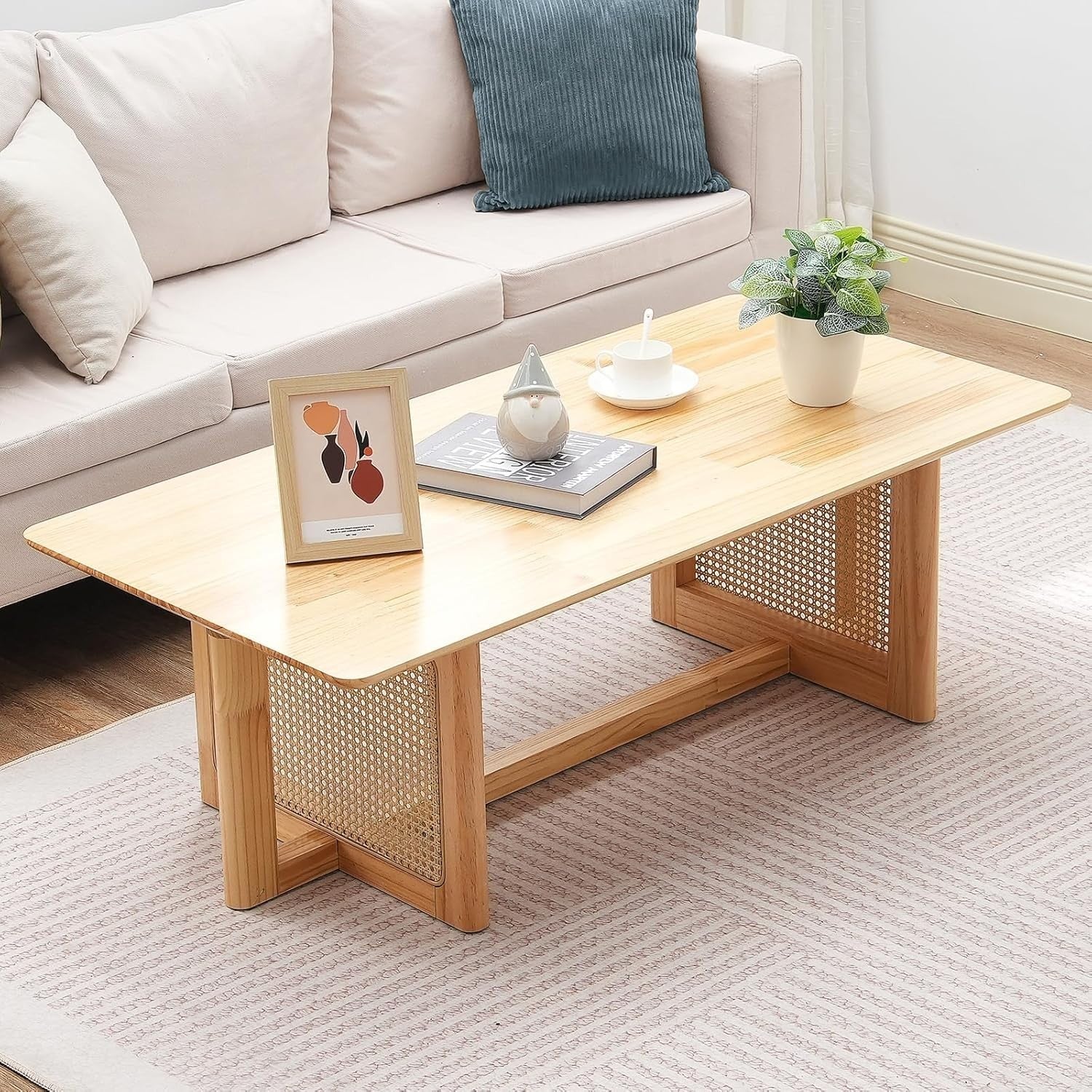 Boho Rattan Coffee Table Rectangular Wood Top 120cm Modern Storage Living Room