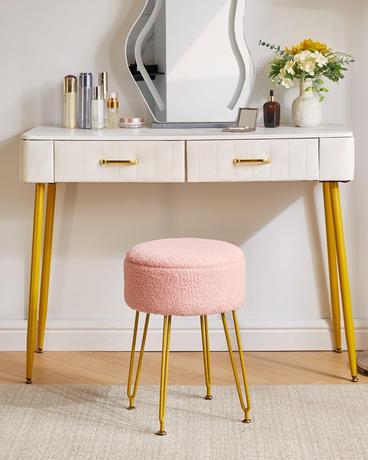 Pink Teddy Velvet Storage Footrest Stool – Vanity Seat with Golden Steel Legs