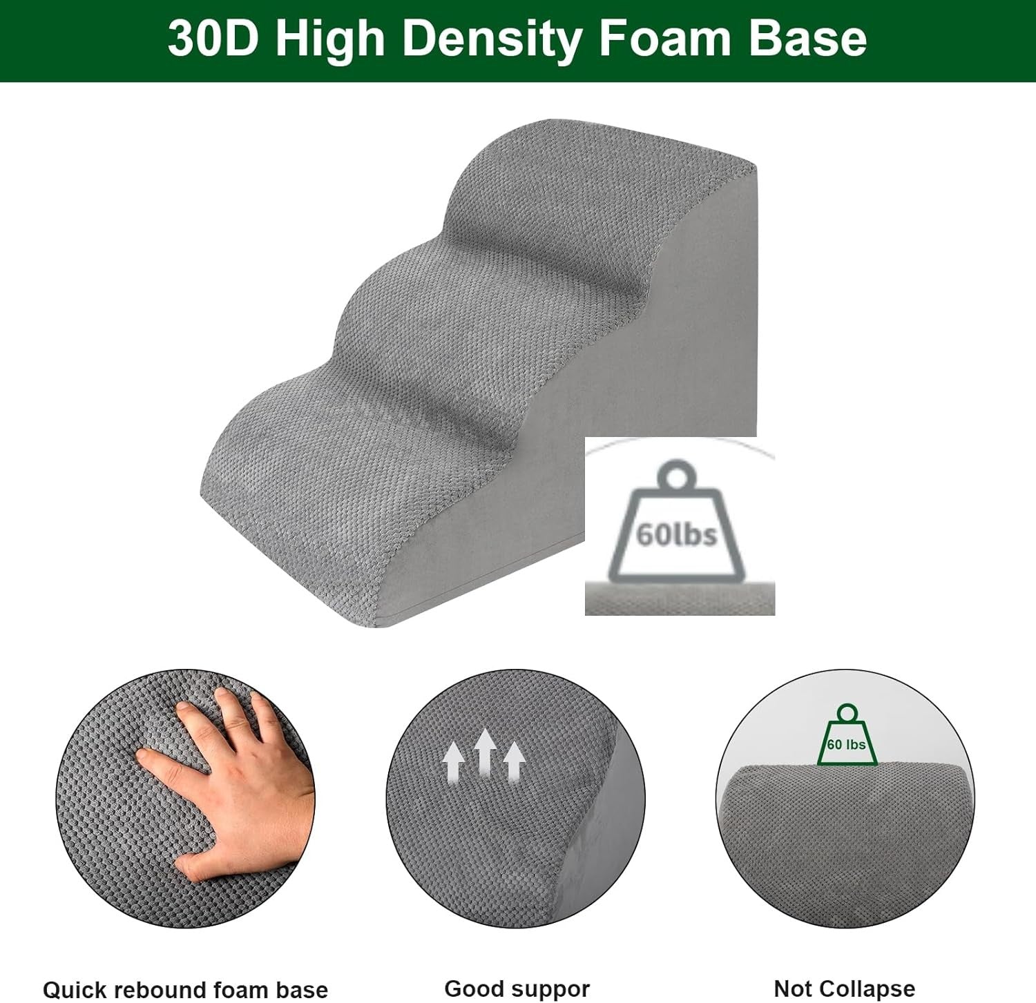 3 Step Dog Stairs Foam Pet Ramp Non Slip Grey 50lbs Capacity