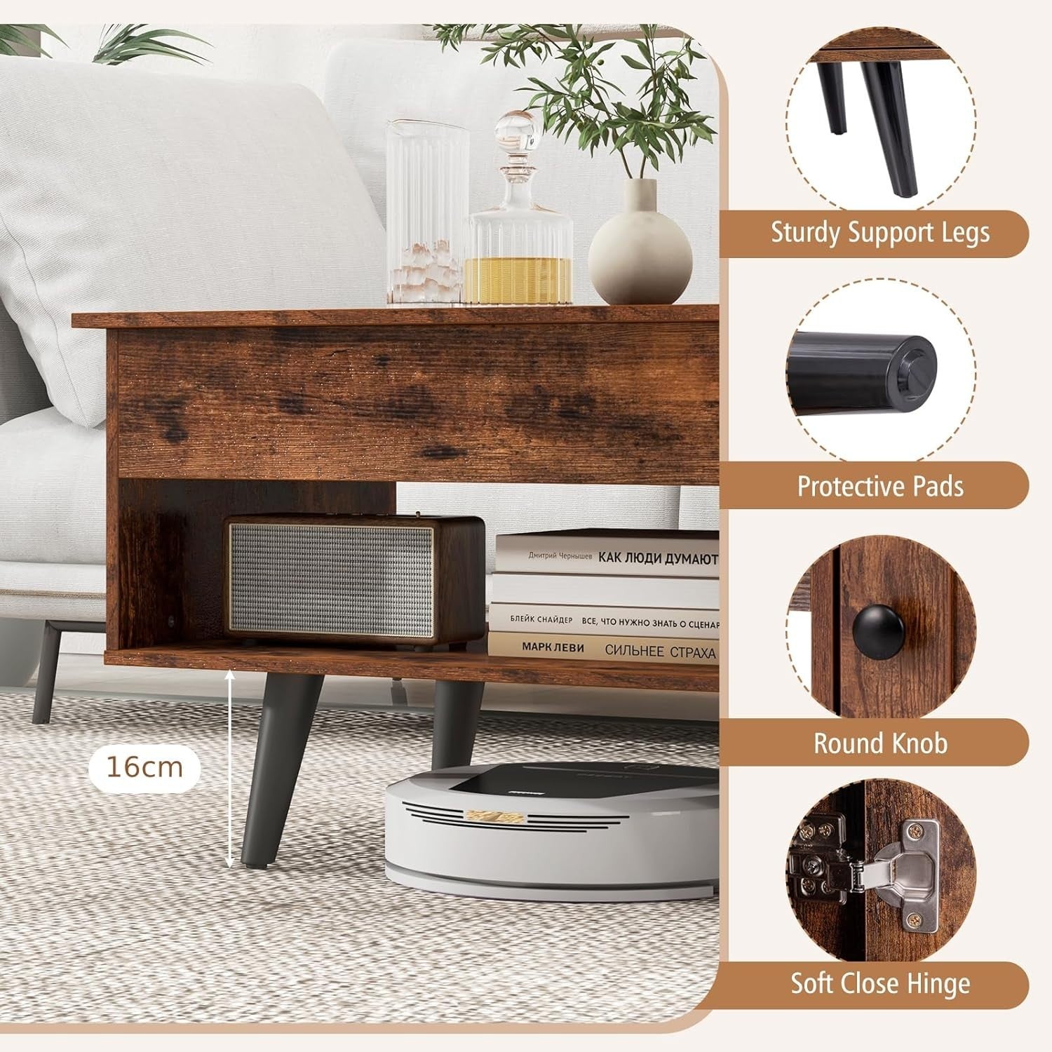 Lift Top Coffee Table with Storage, Adjustable Height, Rustic Brown Wood Finish