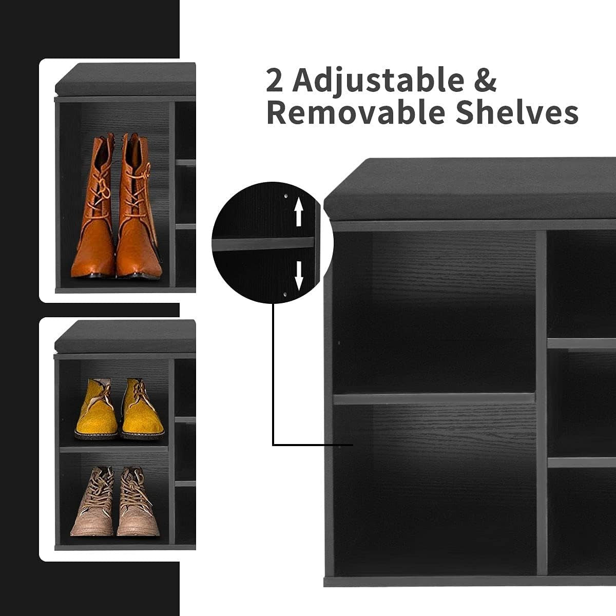Black Shoe Bench with Cushion 10-Compartment Storage Rack Adjustable Shelves