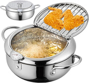 4.2L Japanese Tempura Frying Pot Stainless Steel w Thermometer Rack