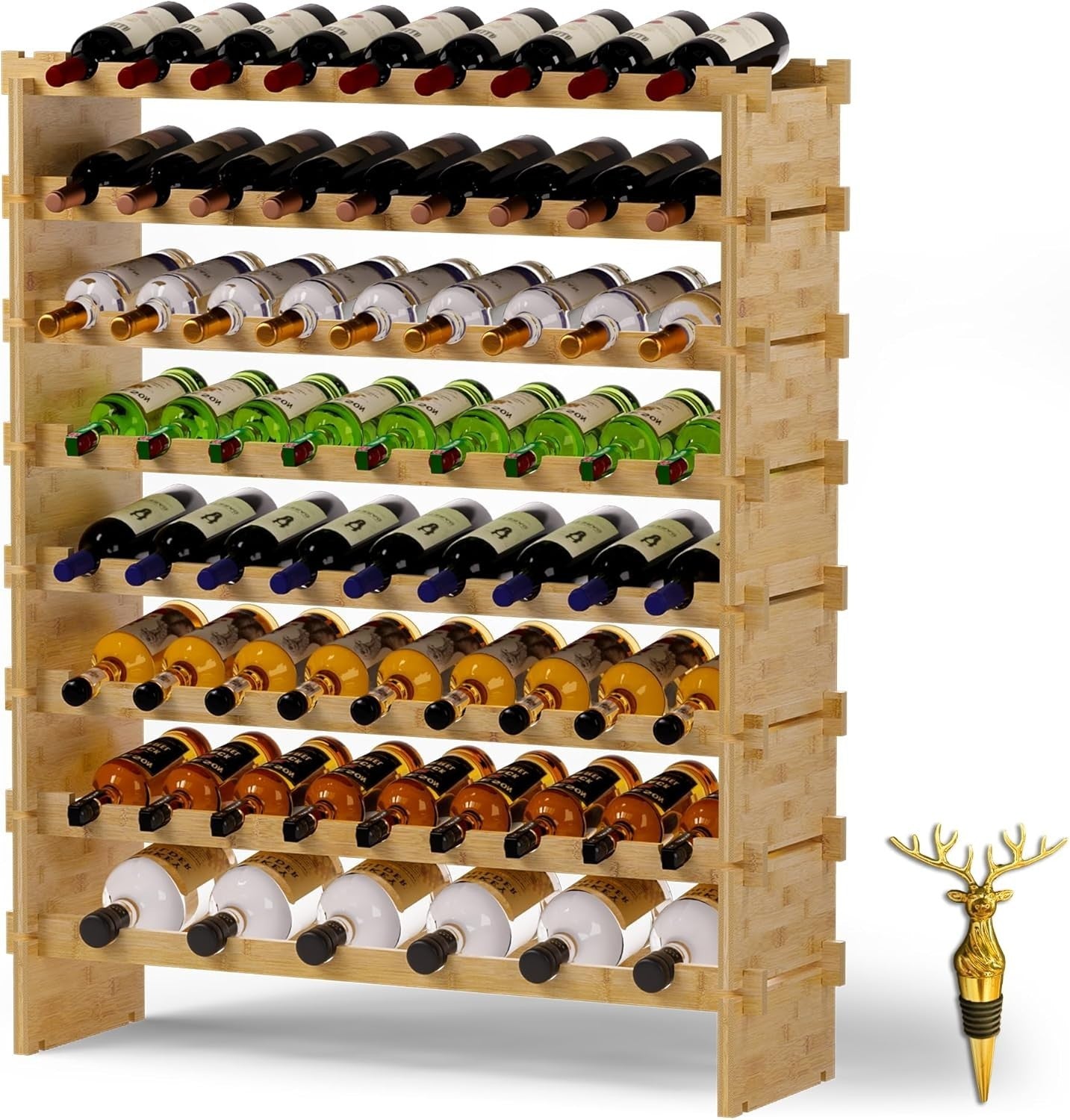 69 Bottle Wine Rack Floor Standing Natural Bamboo 8-Tier Stackable Storage Shelf
