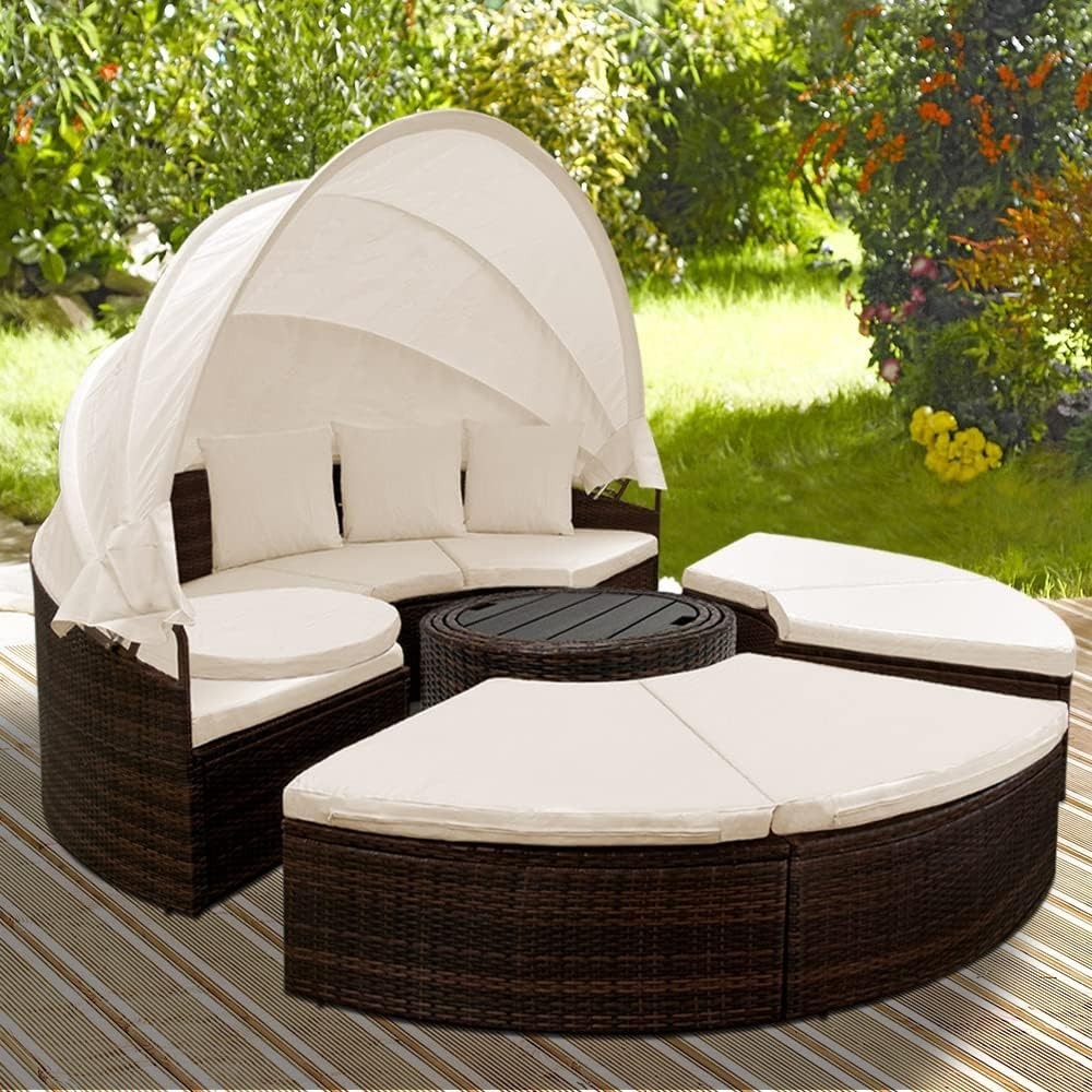 2 Person Rattan Garden Sun Island Lounger Bed with Canopy & Table Outdoor Set