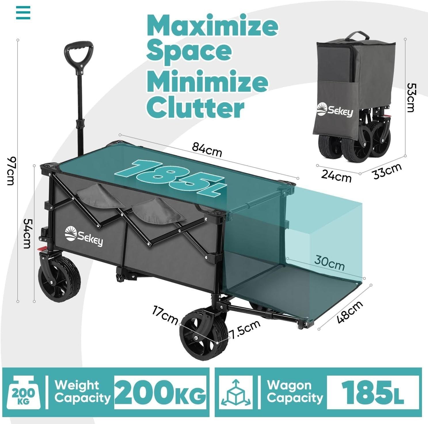 Grey 185L Folding Camping Wagon 200kg Heavy Duty All Terrain Festival Trolley