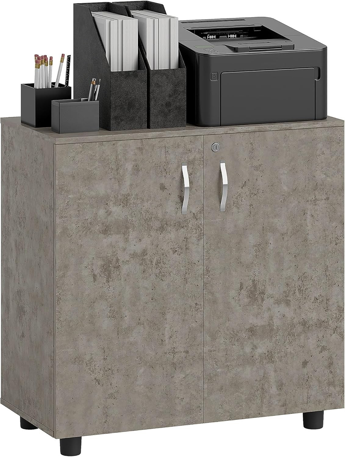 Grey Lockable Filing Cabinet Office Storage Cupboard 2 Door 2 Tier Shelves
