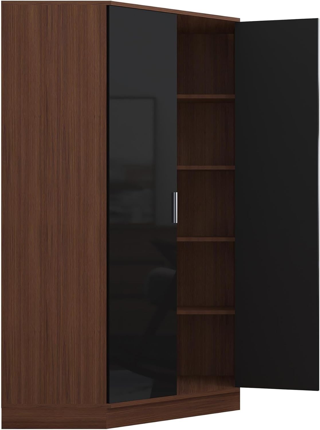 Modern Corner Wardrobe with Black Gloss & Walnut | 2 Doors, 8 Shelves & Rails