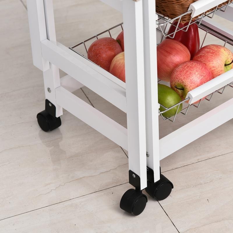 Drop Leaf Kitchen Trolley Cart with Baskets Drawer & Wheels Oak White