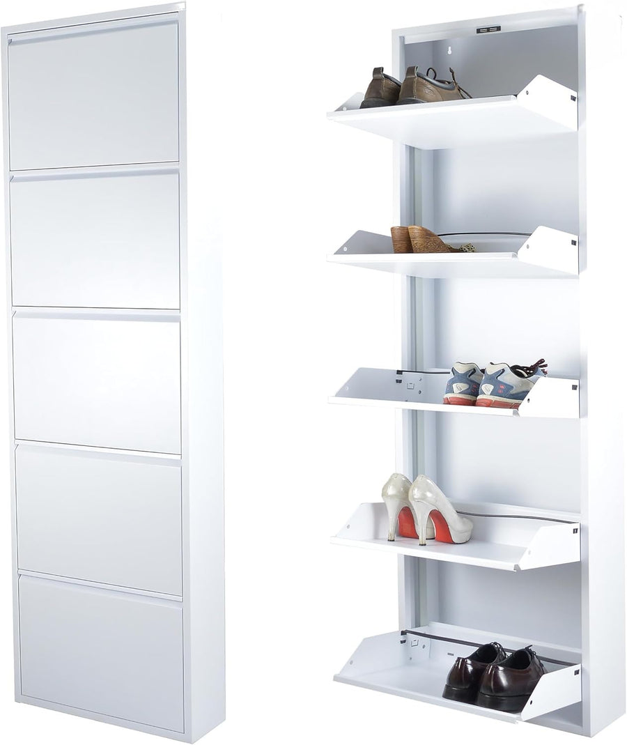 Wall Mounted Slim Shoe Cabinet White – 5-Tier Metal Storage Unit 170cm