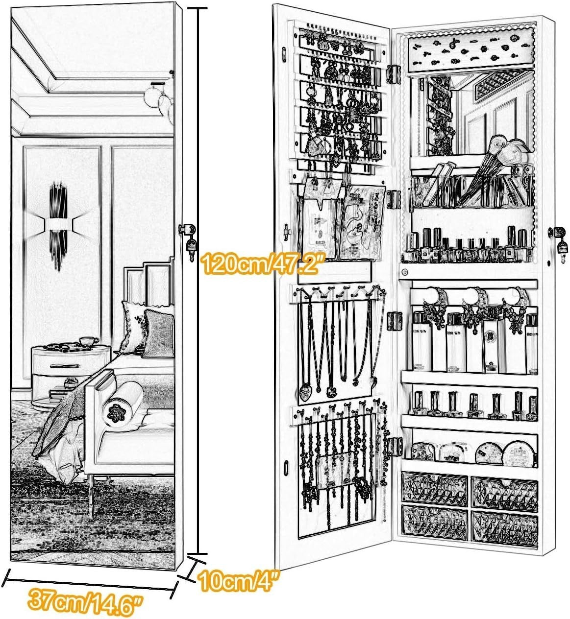 Lighted Full Length Jewelry Armoire Lockable Mirror Storage Cabinet Brown