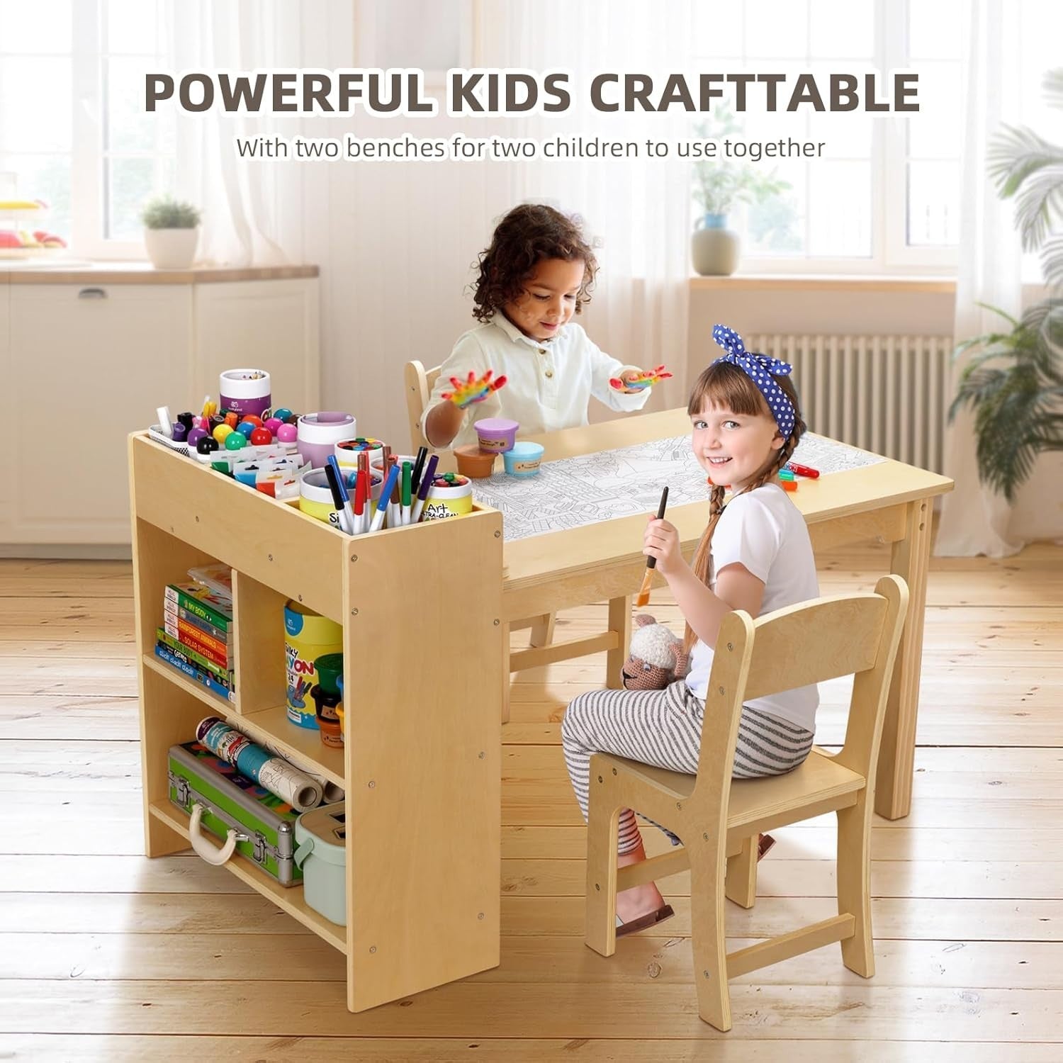 Kids Art Table & 2 Chairs with Storage Shelves Wooden Activity Play Desk