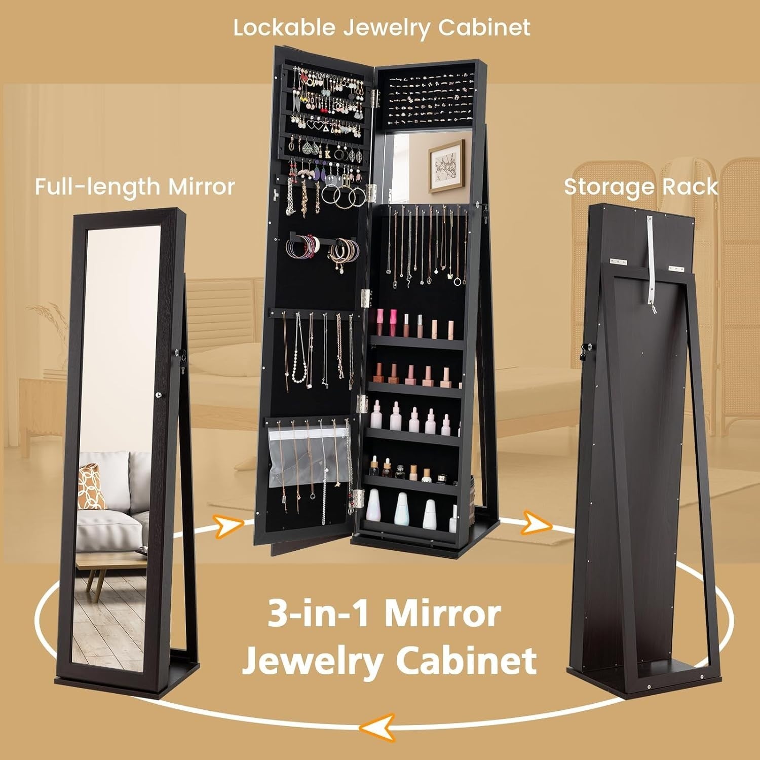Espresso Jewelry Cabinet Mirror Lockable 3-in-1 Freestanding Storage