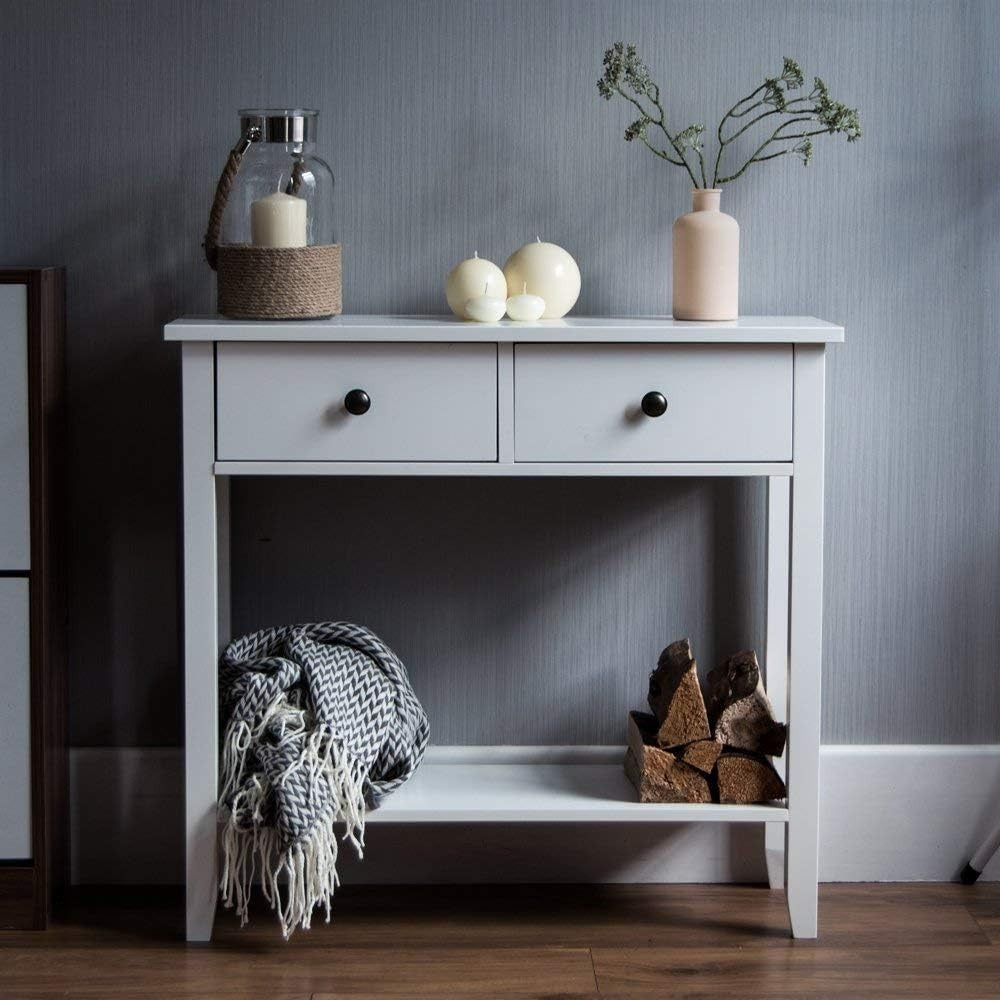 White Console Table with 2 Drawers & Undershelf – Sturdy Hallway Storage