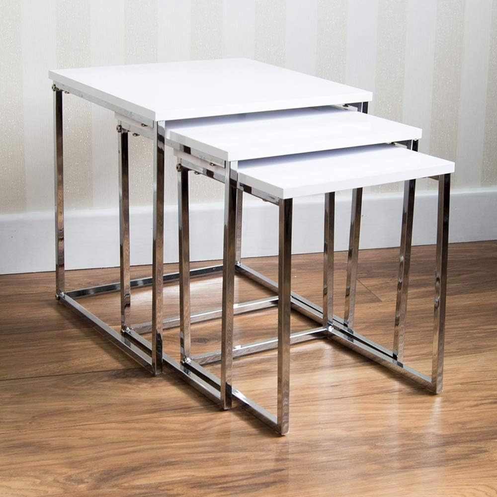 3pc White High Gloss Nesting Coffee Tables Set Modern Glass Metal Living Room