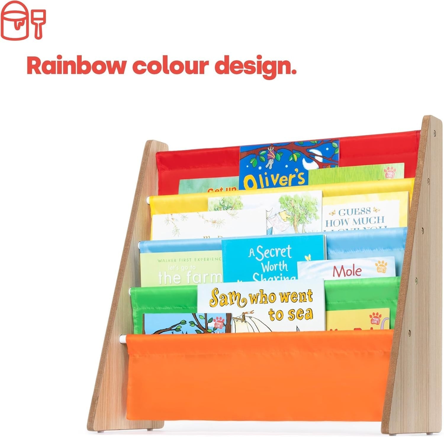 Kids Wooden Sling Book Rack – 4-Tier Colourful Fabric Bookshelf Storage