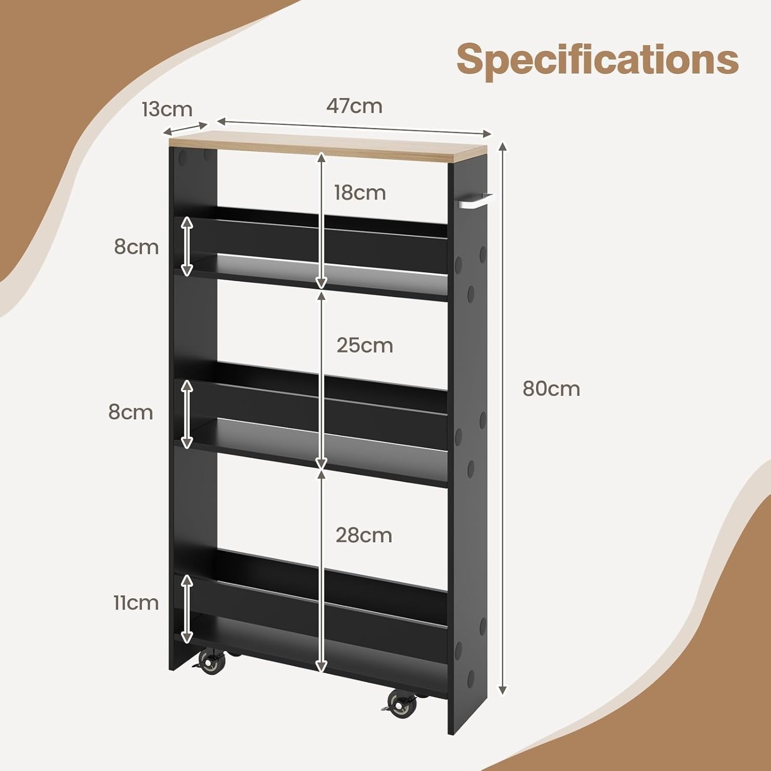 Slim 4 Tier Rolling Storage Cart Narrow Kitchen Shelf Organizer Wheels