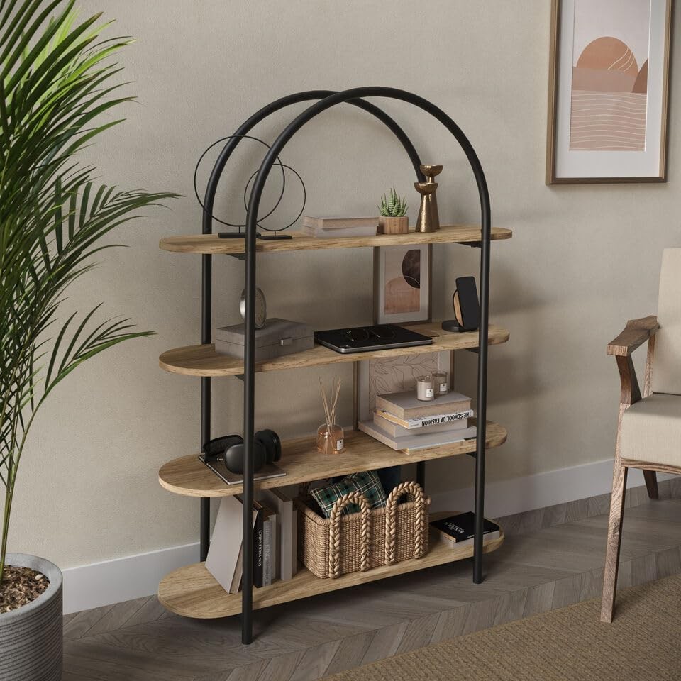 Modern 4-Tier Arched Bookshelf Storage Unit Metal Frame Rustic Oak Shelving