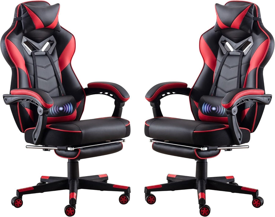 Red Faux Leather Gaming Chair w/ Recline, Footrest, Massage, Swivel, Ergonomic