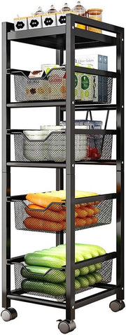 5 Tier Slim Kitchen Storage Trolley on Wheels Narrow Metal Basket Rack