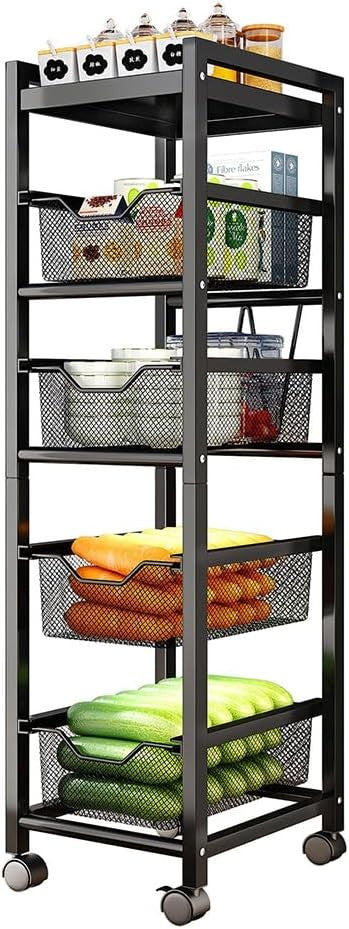 5 Tier Slim Kitchen Storage Trolley on Wheels Narrow Metal Basket Rack