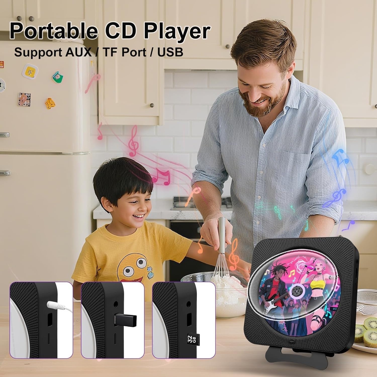 Bluetooth CD Player Boombox Wall Mount FM Radio USB AUX Remote Black