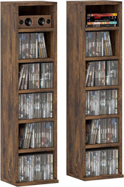 Set of 2 Rustic Brown Media Storage Towers – Adjustable CD DVD Blu-Ray Racks