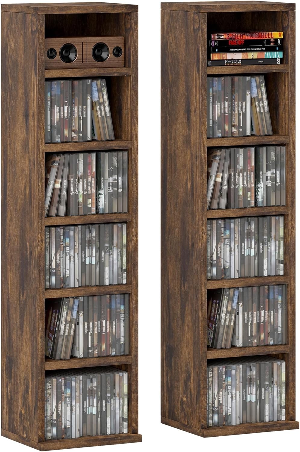 Set of 2 Rustic Brown Media Storage Towers – Adjustable CD DVD Blu-Ray Racks
