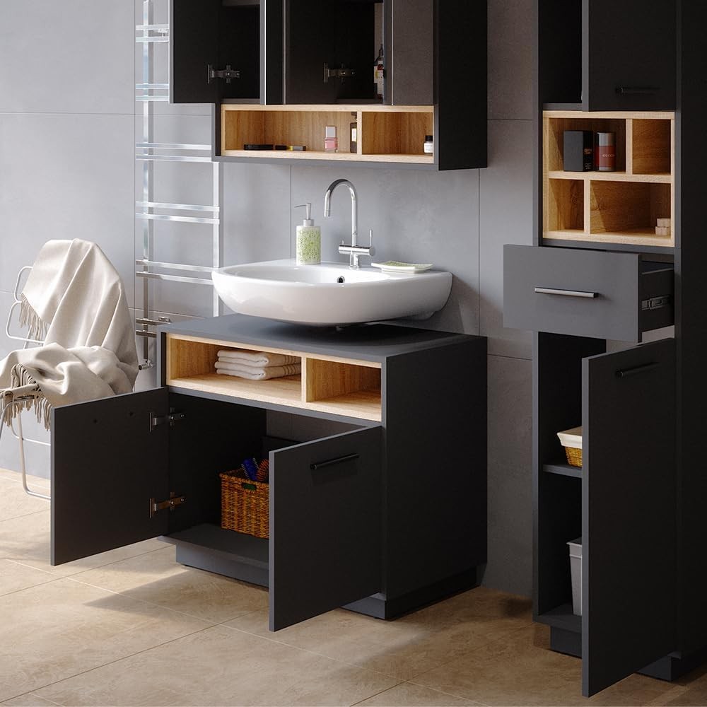 Anthracite Bathroom Sink Cabinet Vanity Storage Unit with Oak Shelves 80x64cm