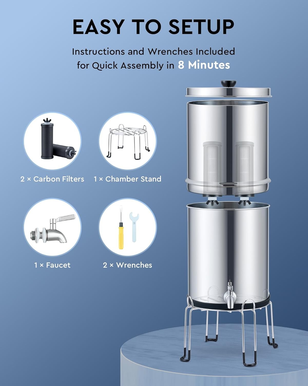 Gravity Fed Water Filter 8.5L Stainless Steel Countertop Purifier Stand