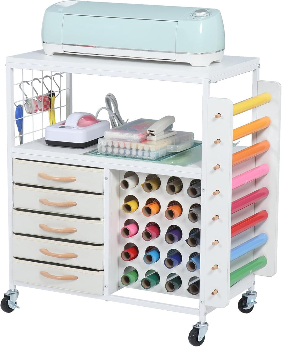 Craft Storage Cart Rolling Cricut Table Vinyl Holder 5 Drawers White