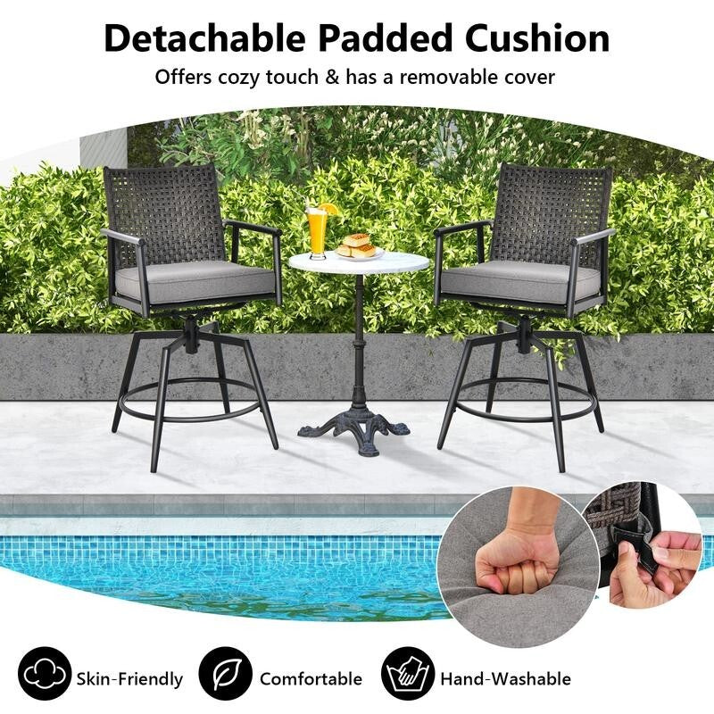2x Outdoor Swivel Bar Stools with Cushions Rattan Garden Chairs Patio Set