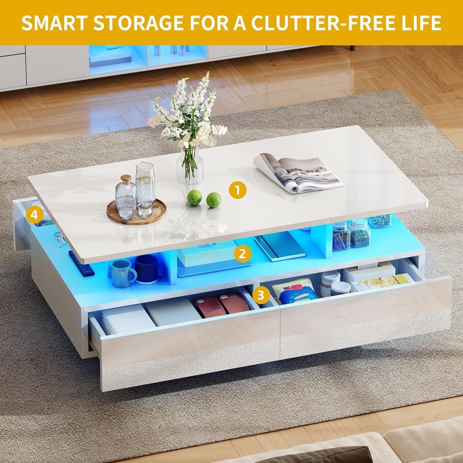 Modern High Gloss Coffee Table with 4 Drawers & 16-Color LED Lights, 90cm