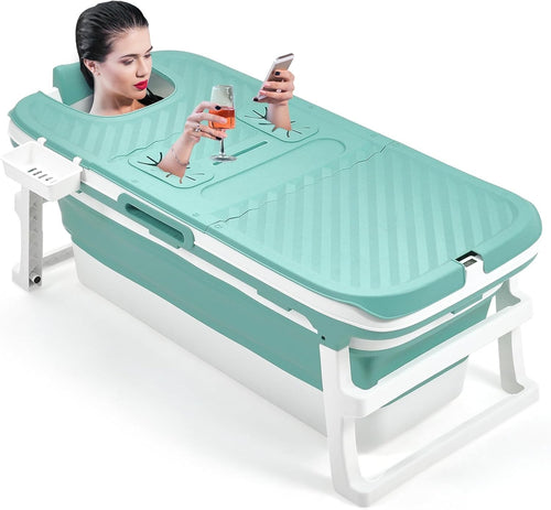 Portable Folding Adult Bathtub 135x54x61cm Blue Insulated Spa Tub w/ Lid