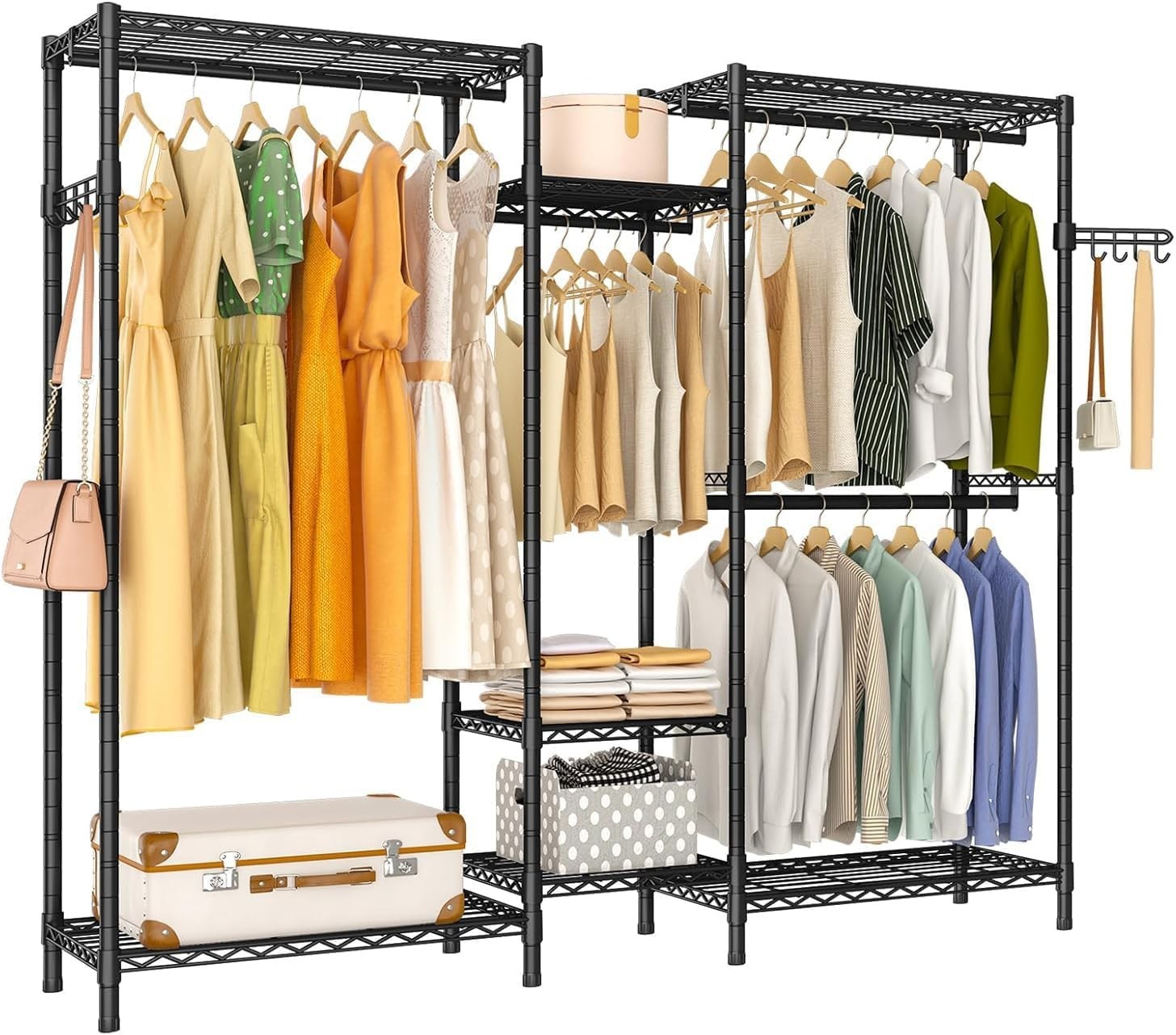 Heavy Duty Garment Rack 7 Tier Shelves 4 Rods Organizer Black