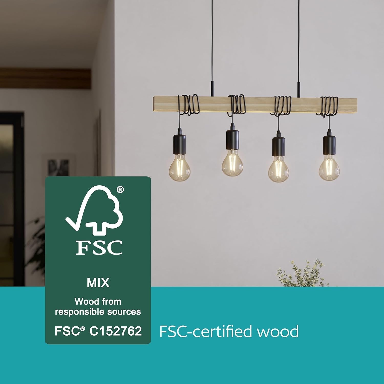 4 Light Industrial Pendant Ceiling Lamp Wood & Metal Vintage E27