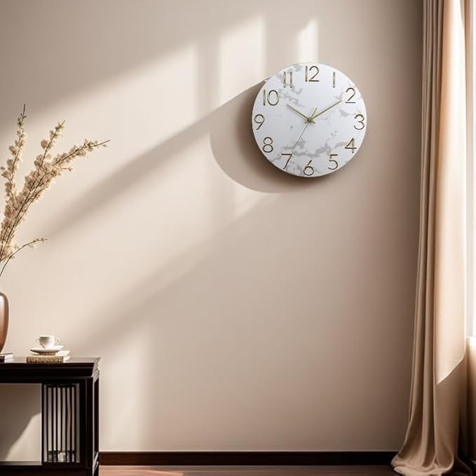 Modern 12 Inch Gold Wall Clock Silent Non-Ticking Luxury Marble Effect Decor